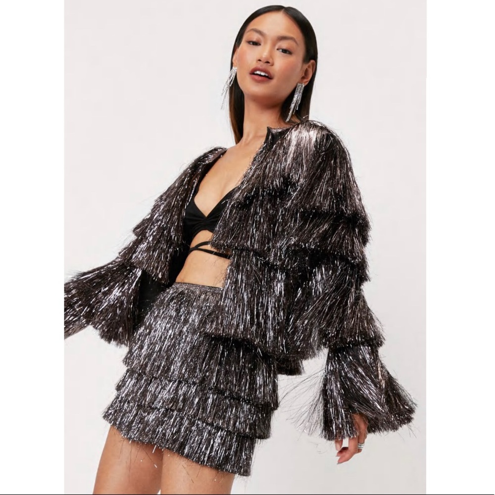 Nasty Gal Tinsel shorts and layered tinsel jacket